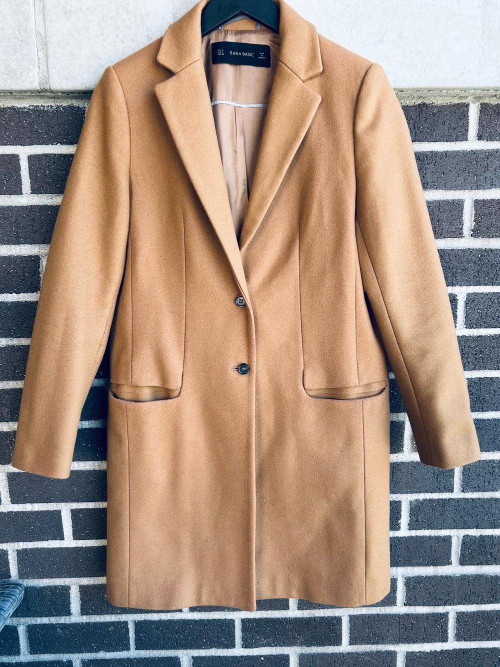 Zara Camel Tan Single-Breasted Wool-Blend Trench Coat
